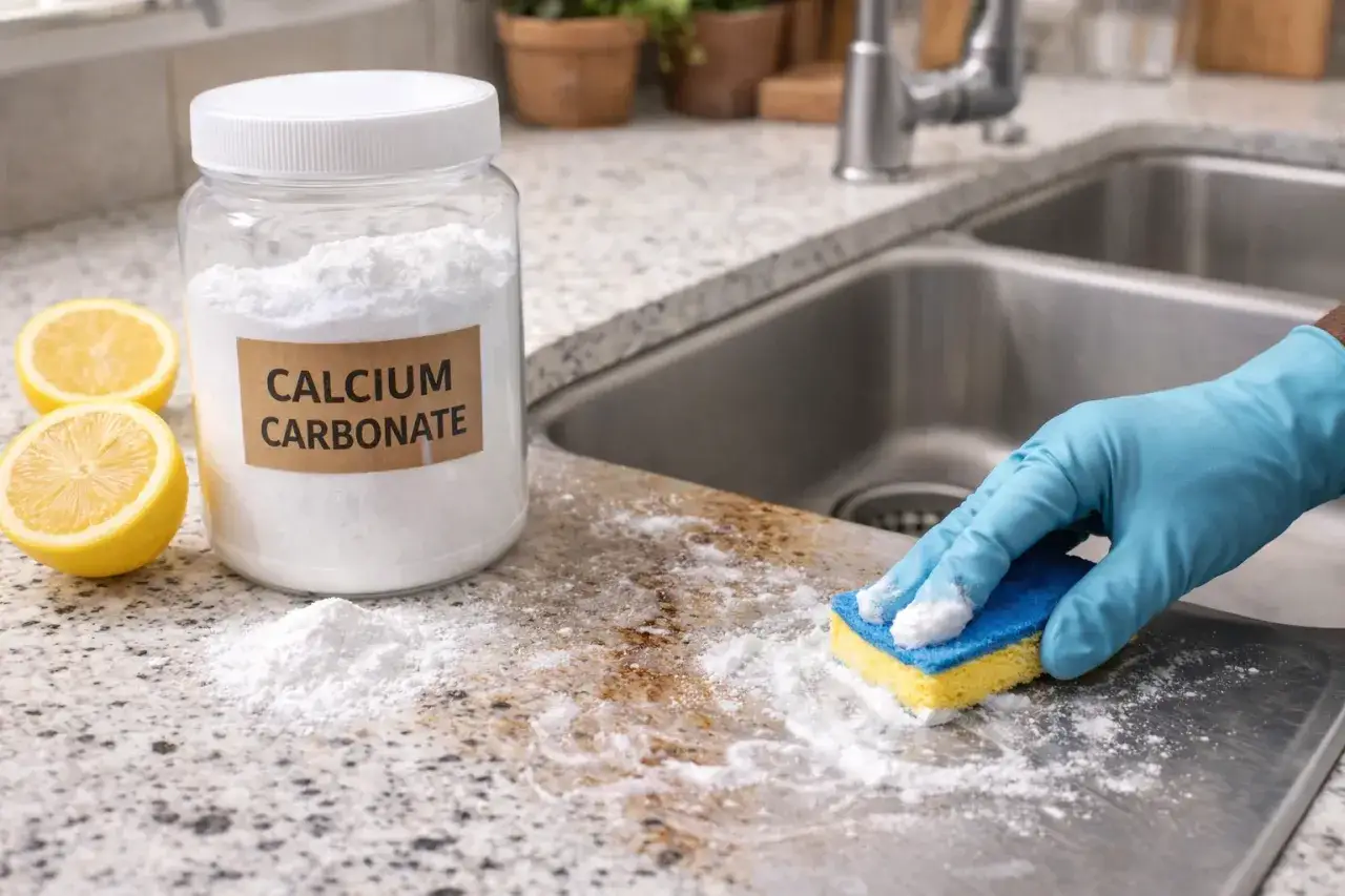 Un barattolo di carbonato di calcio, limoni e una mano con guanto blu che pulisce il piano cucina. Il carbonato di calcio a cosa serve? A pulire!