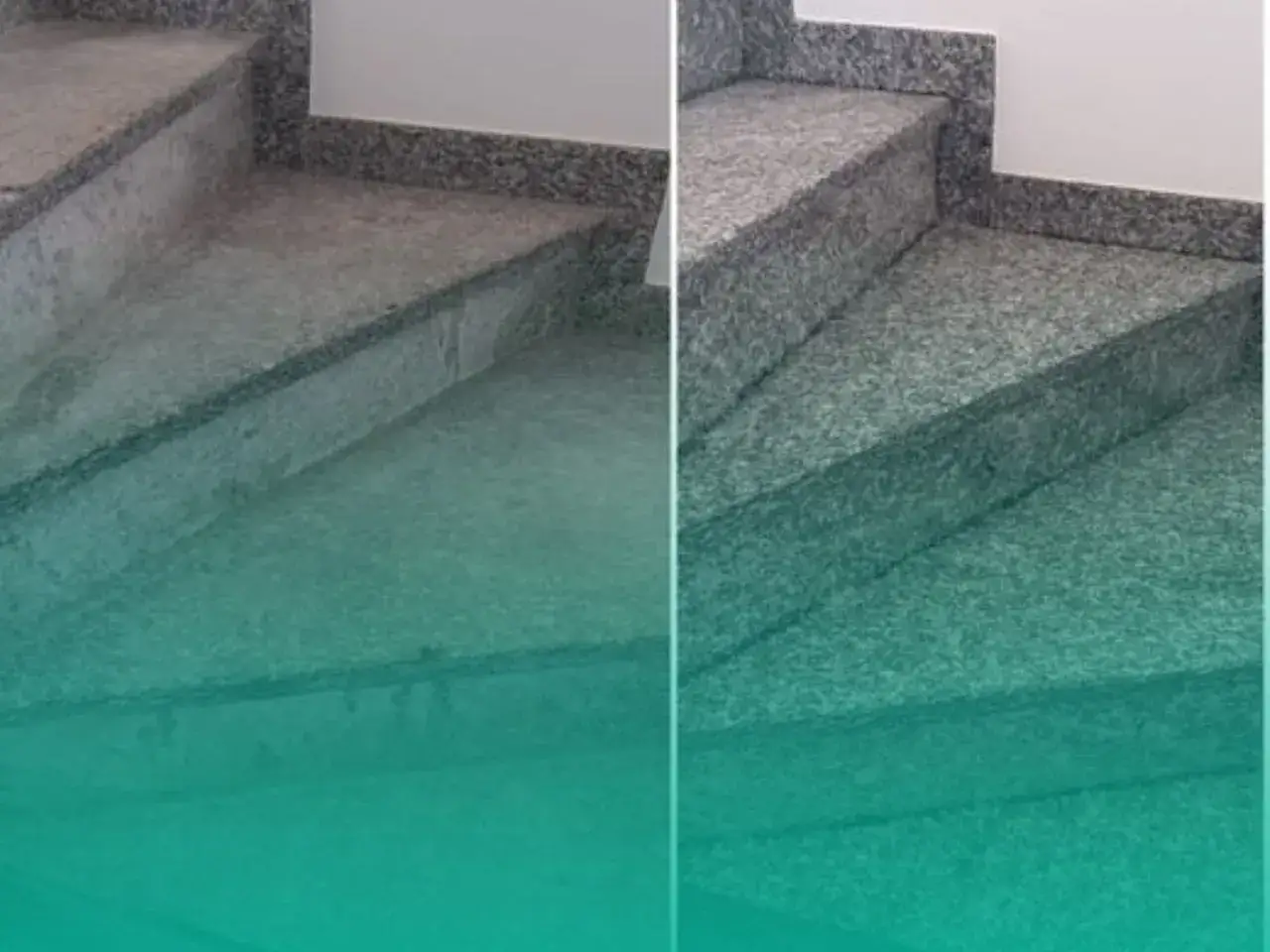 Prima e dopo: come pulire il granito ruvido. Scale in granito grigio, una parte sporca e una pulita.