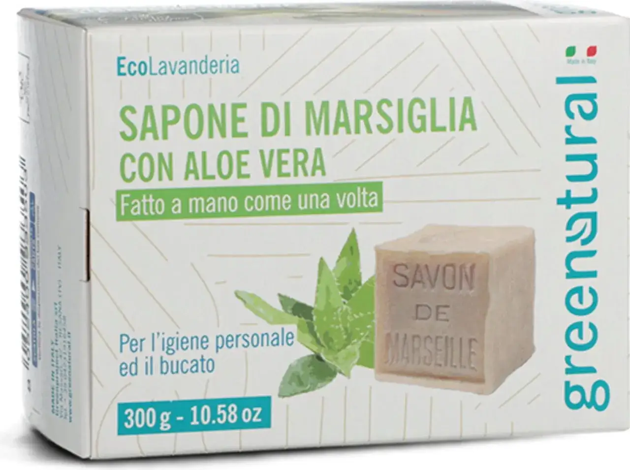 Sapone di Marsiglia con aloe vera, fatto a mano. Non è una saponetta verde, ma un classico sapone beige, ideale per igiene e bucato.