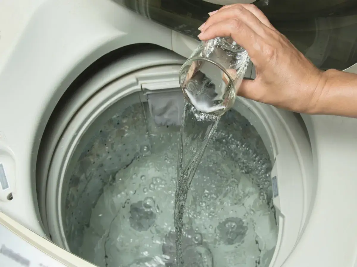 Mano versa acqua in lavatrice, un metodo alternativo all'uso di aceto e detersivo lavatrice insieme per un bucato più fresco.