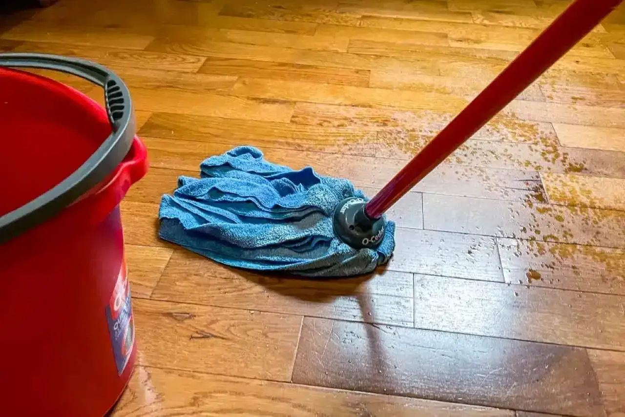 Un secchio rosso e un mocio blu sono pronti per lavare i pavimenti con aceto e ammorbidente, lasciando un profumo fresco.