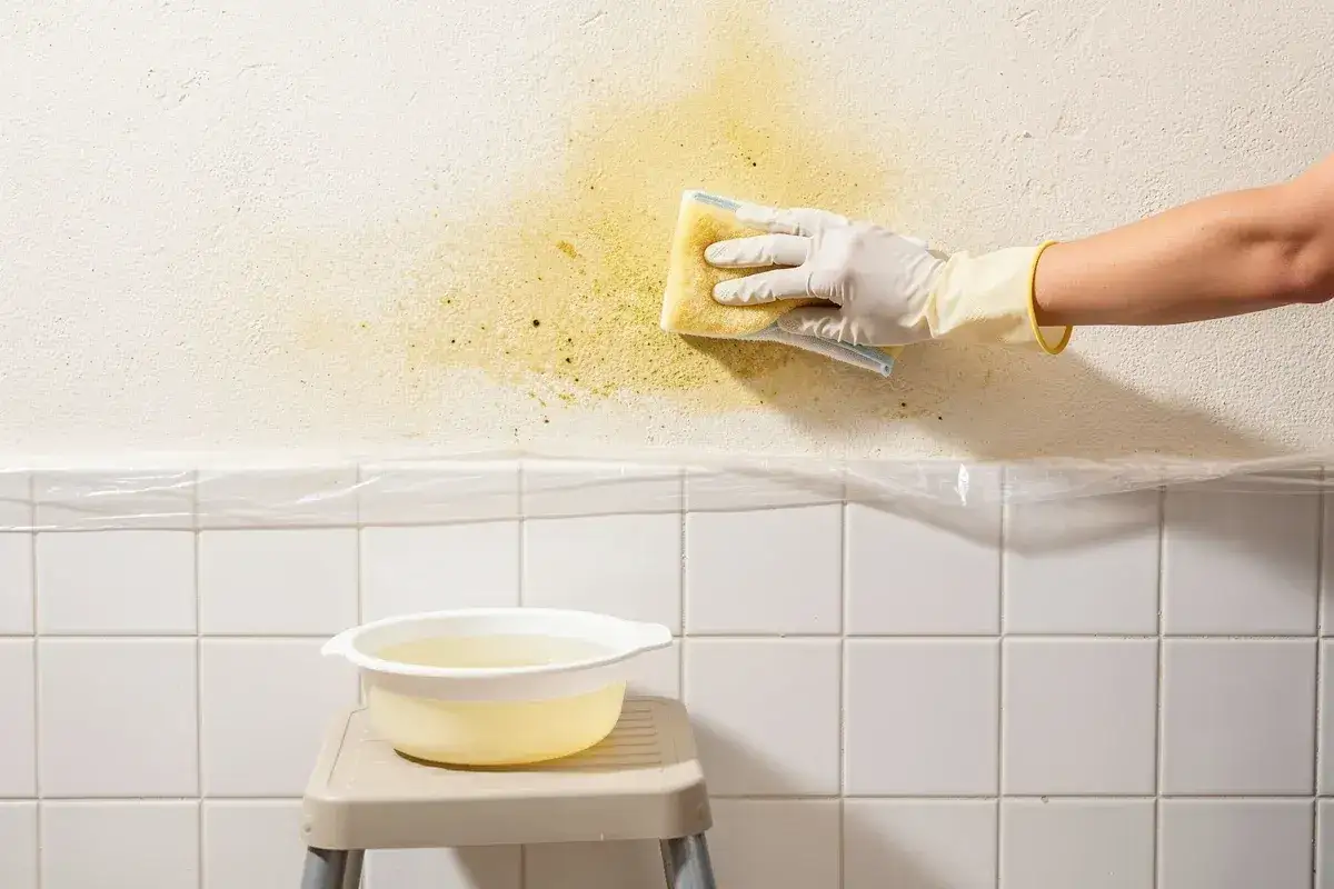Mano con guanto pulisce macchie sul muro interno con una spugna gialla. Sotto, piastrelle bianche e una bacinella d'acqua.