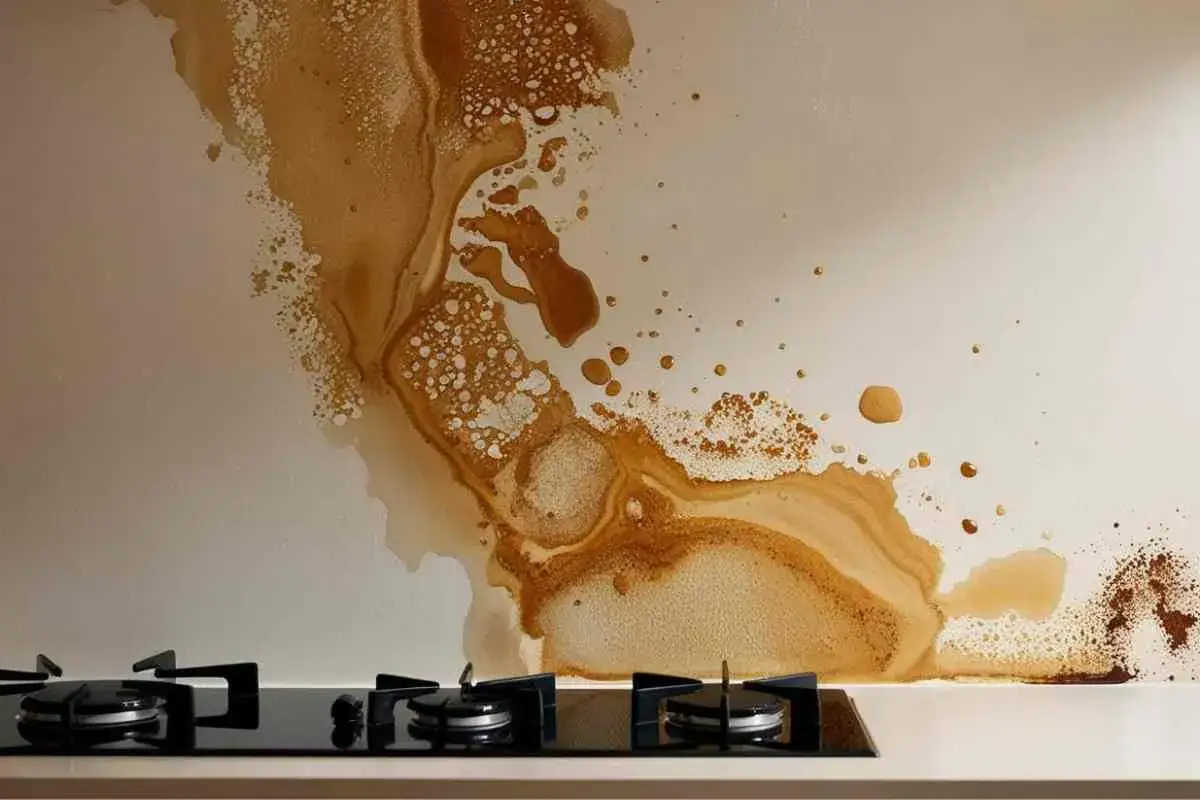 Macchie di olio sul muro della cucina, simili a un paesaggio astratto, si estendono sopra un piano cottura a gas nero.