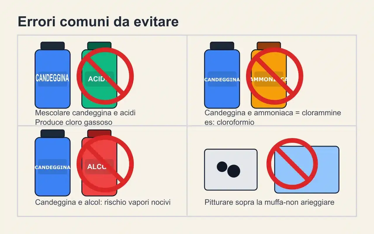 Evitare di mescolare candeggina (ipoclorito di sodio) con acidi, ammoniaca o alcol per non produrre gas tossici.