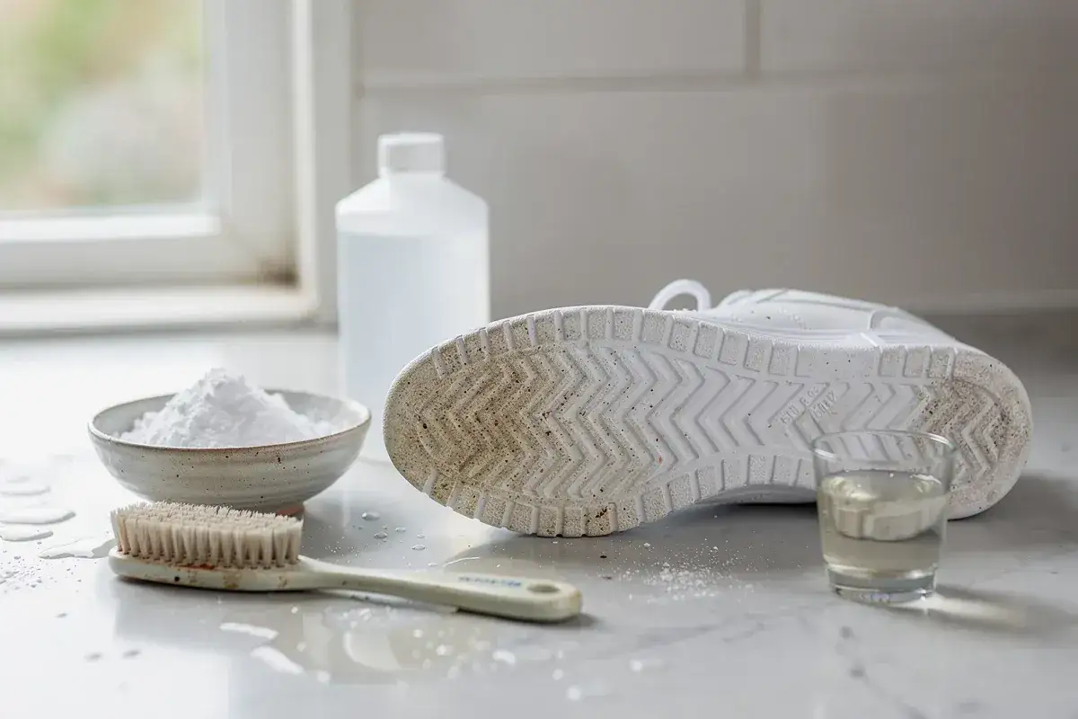 Ecco come lavare le solette delle scarpe: bicarbonato, spazzola e una scarpa sporca pronti per la pulizia.
