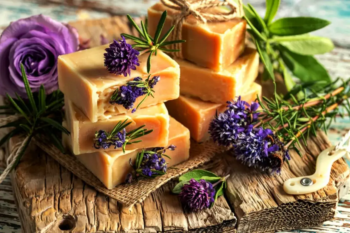 Saponi ecologici artigianali, profumati con lavanda e rosmarino, su un tagliere di legno rustico.