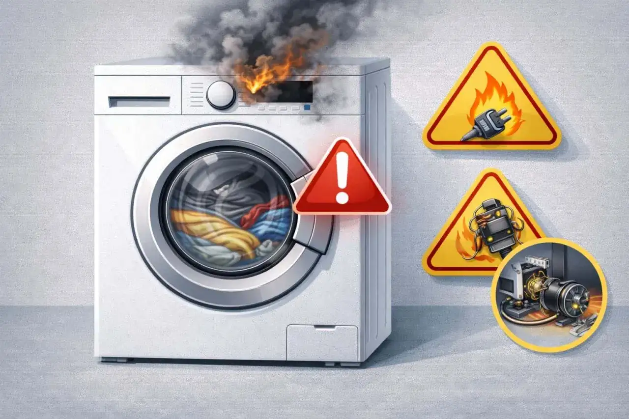 Lavatrice in fiamme con fumo e segnali di pericolo. Si avverte una forte puzza bruciato lavatrice.