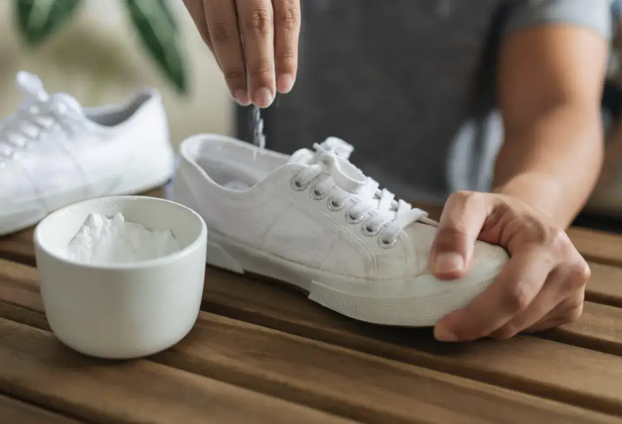 Un modo semplice per profumare le scarpe: si sparge del bicarbonato di sodio all'interno di una scarpa bianca.