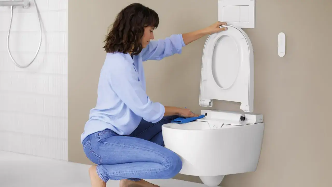 Donna pulisce il WC con un panno blu. Un modo semplice per capire come disincrostare il wc e mantenerlo splendente.