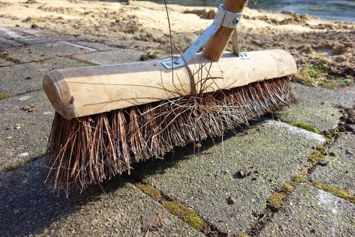 Spazzola per come pulire pavimenti esterni ruvidi. Le setole naturali raccolgono detriti e muschio dalle lastre di pietra.