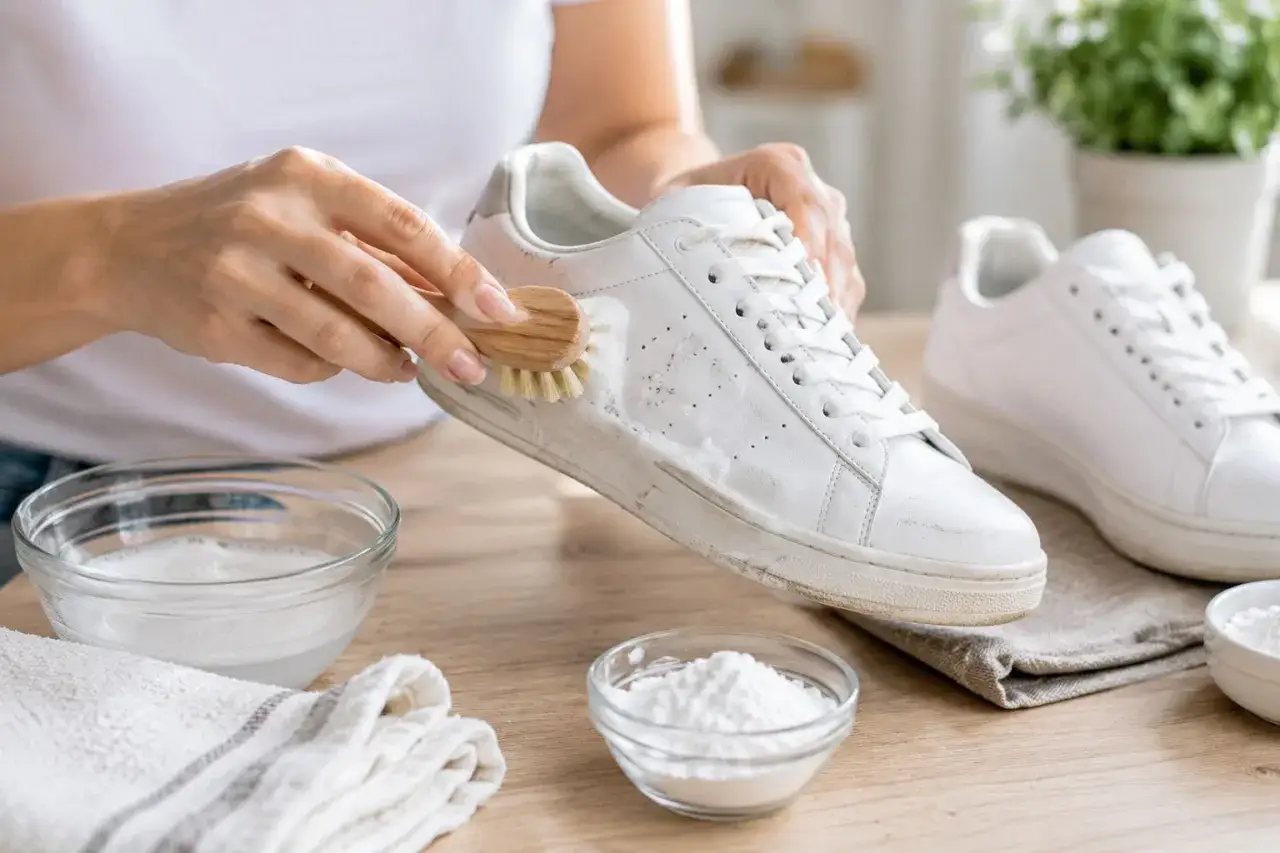 Mani che puliscono scarpe bianche con una spazzola, mostrando come pulire le tn bianche con bicarbonato e acqua.