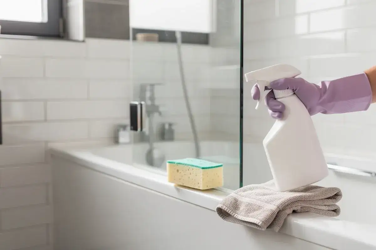 Mano con guanto viola spruzza varechina contro la muffa sul vetro della doccia. Spugna e asciugamano pronti per la pulizia del bagno.