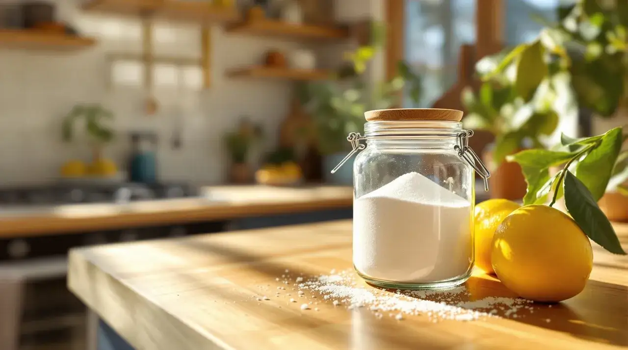 Barattolo di bicarbonato con limoni, un promemoria che acido citrico e bicarbonato sono la stessa cosa per pulizie naturali.
