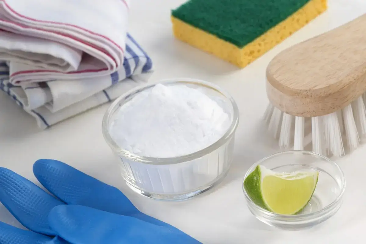 Guanti blu, bicarbonato in una ciotola, spugna, spazzola e limone: tutto l'occorrente per smacchiare con bicarbonato in modo naturale.