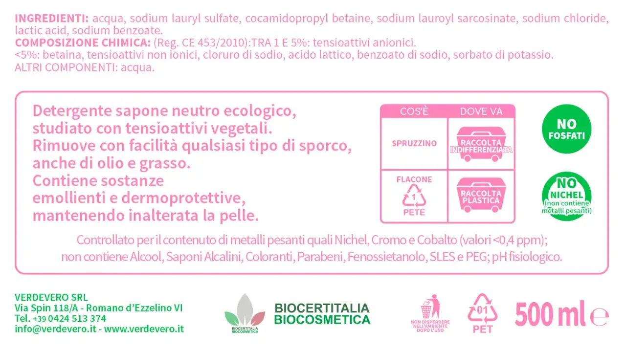 Detersivo sapone neutro ecologico, studiato con tensioattivi vegetali. Testato da Altroconsumo, è delicato sulla pelle e rimuove lo sporco.