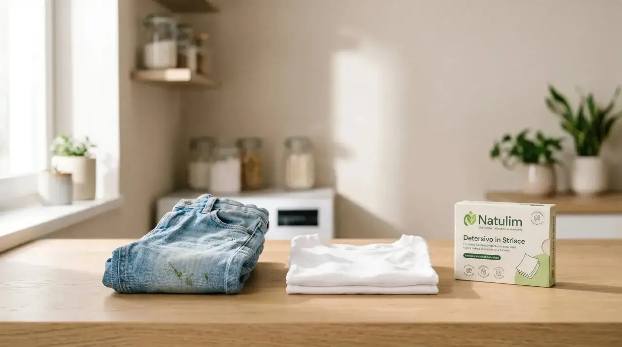 Jeans con macchie d'erba accanto a una maglietta bianca piegata e una scatola di detersivo Natulim.