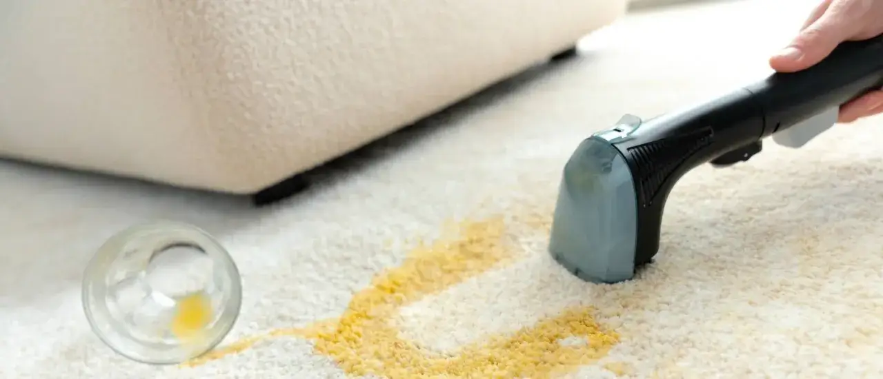 Un bicchiere rovesciato ha macchiato il tappeto. Uno strumento per smacchiare tappeti &egrave; in azione per rimuovere la macchia gialla.
