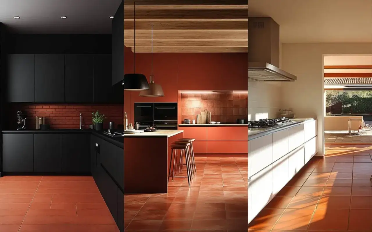 Tre cucine moderne con un caldo pavimento cotto che dona un tocco rustico e accogliente.