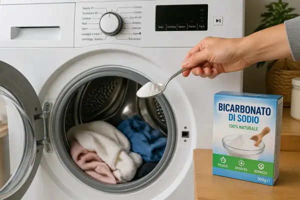 Aggiungere bicarbonato in lavatrice per un bucato più pulito e fresco. Un cucchiaio di bicarbonato di sodio pronto per essere usato.