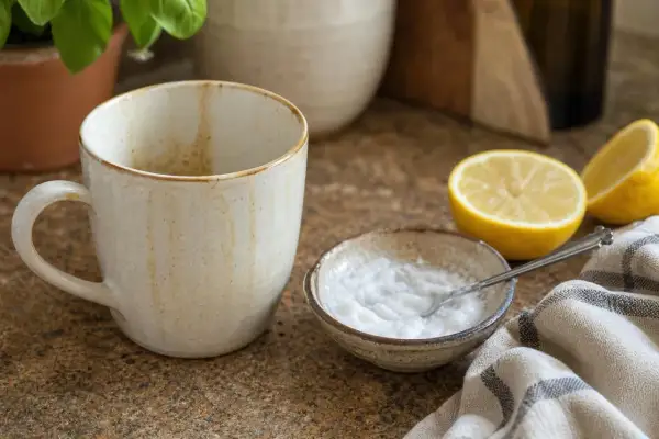 Una tazza, una ciotola con bicarbonato e limone, ingredienti per lucidare marmo con bicarbonato e ottenere una superficie brillante.