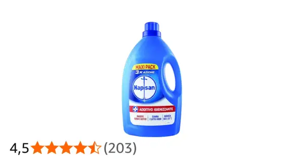 Flacone blu di Napisan, additivo igienizzante che rimuove germi e cattivi odori.