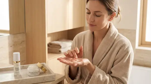 Donna in accappatoio applica crema viso per sapere come idratare la pelle. Prodotti per la cura della pelle sul lavandino.