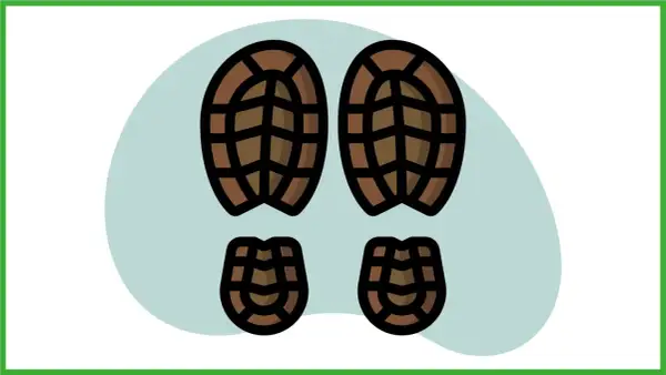 Impronte di scarpe marroni su sfondo azzurro. Guida su come togliere macchie di fango dalle calzature.