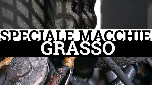 Dettaglio di componenti meccanici con macchie di unto evidenti. Testo "SPECIALE MACCHIE GRASSO".