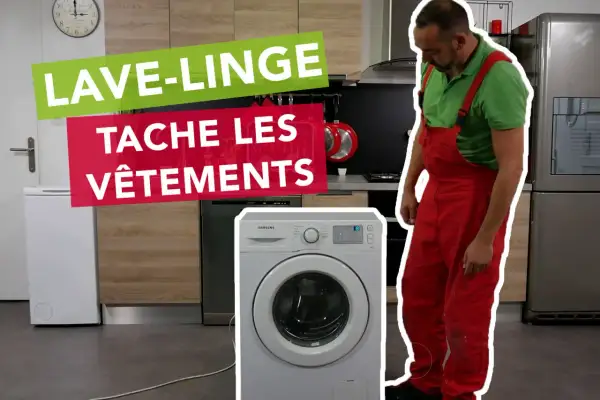 Un uomo in tuta rossa guarda una lavatrice. Testo sovrapposto: "LAVE-LINGE TACHE LES VÊTEMENTS".