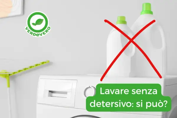 Lavare senza detersivo: si può? Due flaconi di detersivo sono barrati da una X rossa, accanto a una lavatrice.