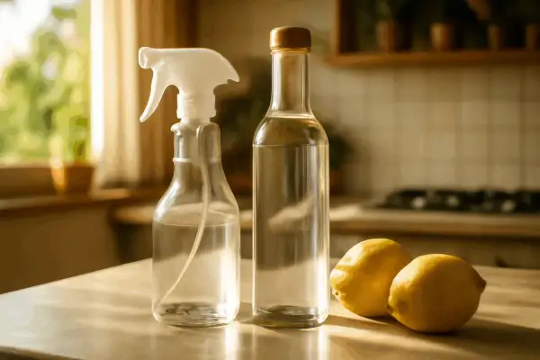 Spray bottle e bottiglia di vetro con aceto bianco e limoni, ingredienti naturali per la pulizia della casa.