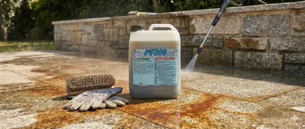Un flacone di PT309, uno sgrassatore che va risciacquato, è posizionato su un patio in pietra. Accanto, un guanto da lavoro e una spazzola. In sottofondo, un idropulitrice spruzza acqua.