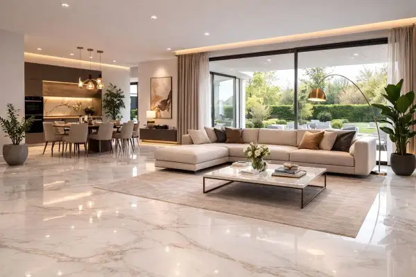 Lussuoso soggiorno con pavimenti in vari tipi di marmo bianco, divano angolare beige e cucina a vista.