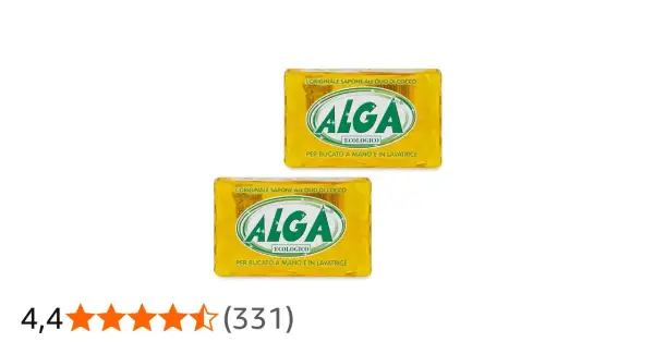 Due saponette Alga Ecologico, ideali per bucato a mano e in lavatrice, con olio di cocco.