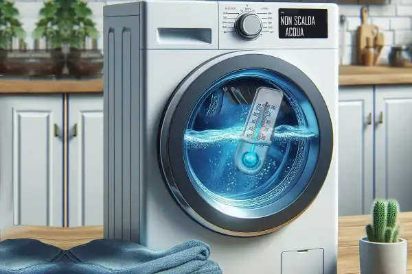 Lavatrice con termometro che indica bassa temperatura. Il display dice "NON SCALDA ACQUA".