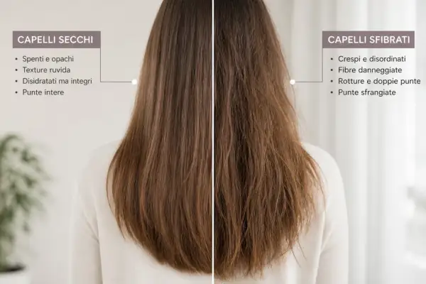 Confronto tra capelli secchi, spenti e opachi, e capelli sfibrati, crespi e con doppie punte.