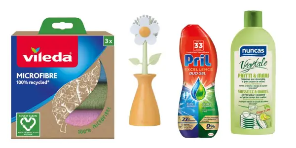 Panni in microfibra Vileda, spazzola per piatti a forma di fiore Vigar e sapone per piatti e mani Nuncas: alternative naturali per cosa usare al posto del detersivo per lavastoviglie.