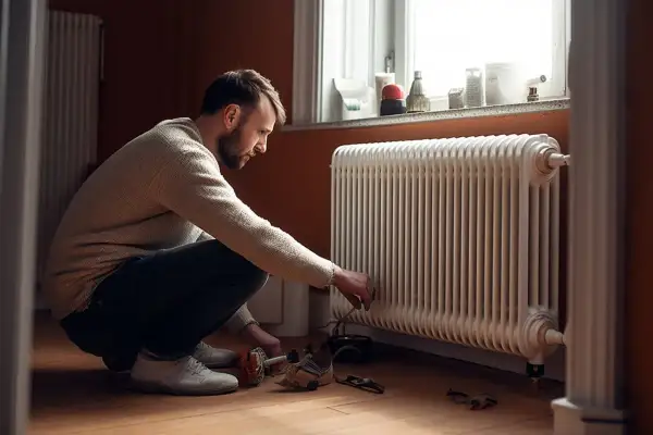 Uomo accovacciato vicino a un termosifone bucato che perde acqua, con attrezzi a terra.