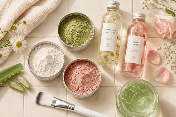 A cosa serve l'argilla? In questa immagine, polveri di argilla bianca, verde e rosa sono pronte per creare maschere viso, insieme a idrolati e aloe.